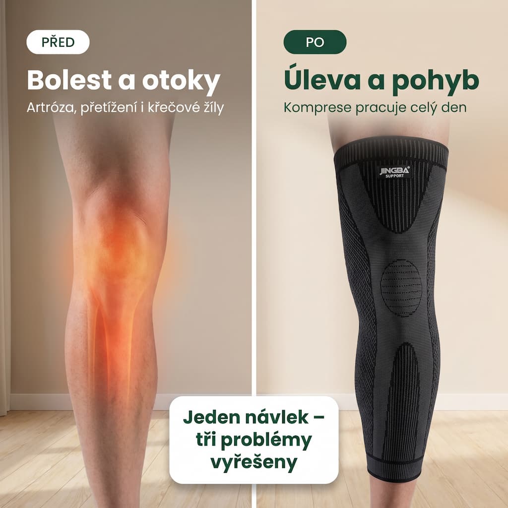 Kompresní návlek na koleno a lýtko Jingba – před a po nasazení, úleva od bolesti